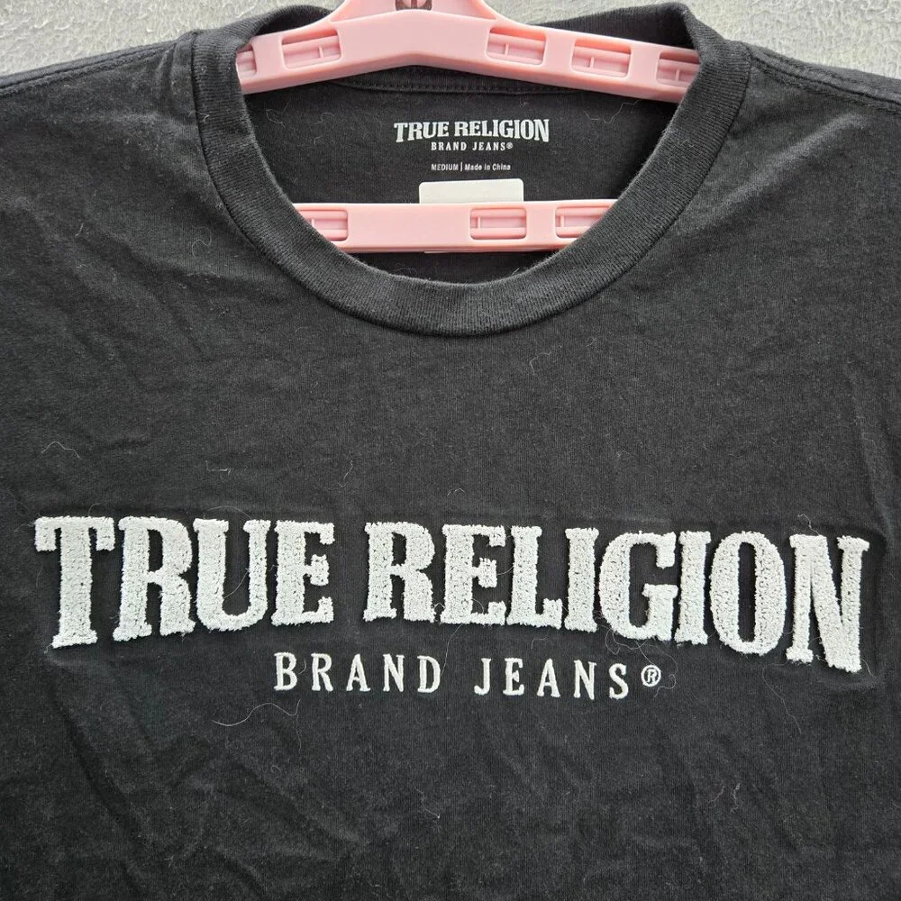 True Religion Men Shirt M Black Short Sleeve Logo Graphic Crew Neck Tee‎